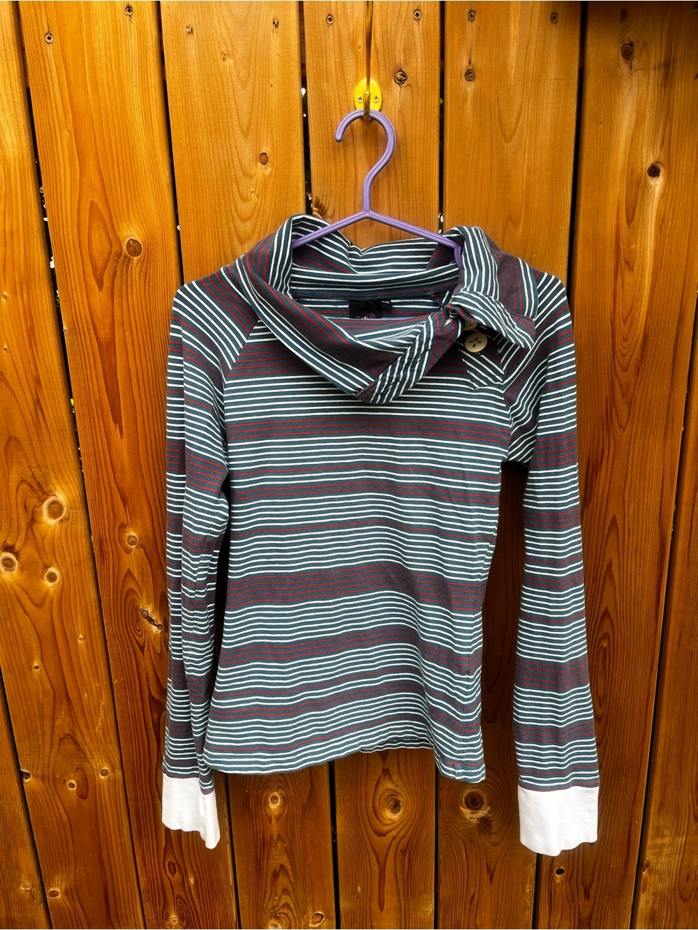 Rock Rosie Striped Cowl Neck Sweater in Teal and Burgundy